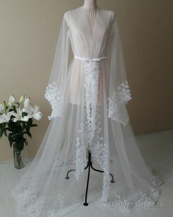white v neck tulle long sleeved bridal boudoir robe with 3d flowers Main image
