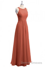 Rust Orange Crew Neck Backless A-Line Long Bridesmaid Dress