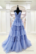 Elegant Light Blue Side Slit Tulle Long Prom Dress
