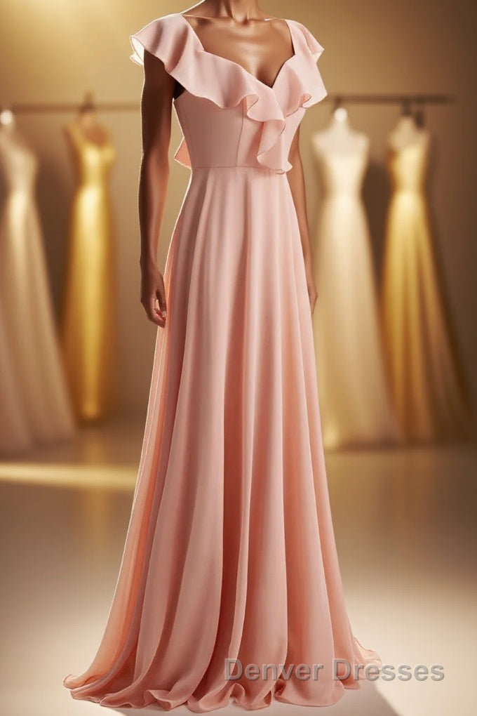 Peach Ruffles A-lline Chiffon Long Bridesmaid Dress with Tie Back Main image