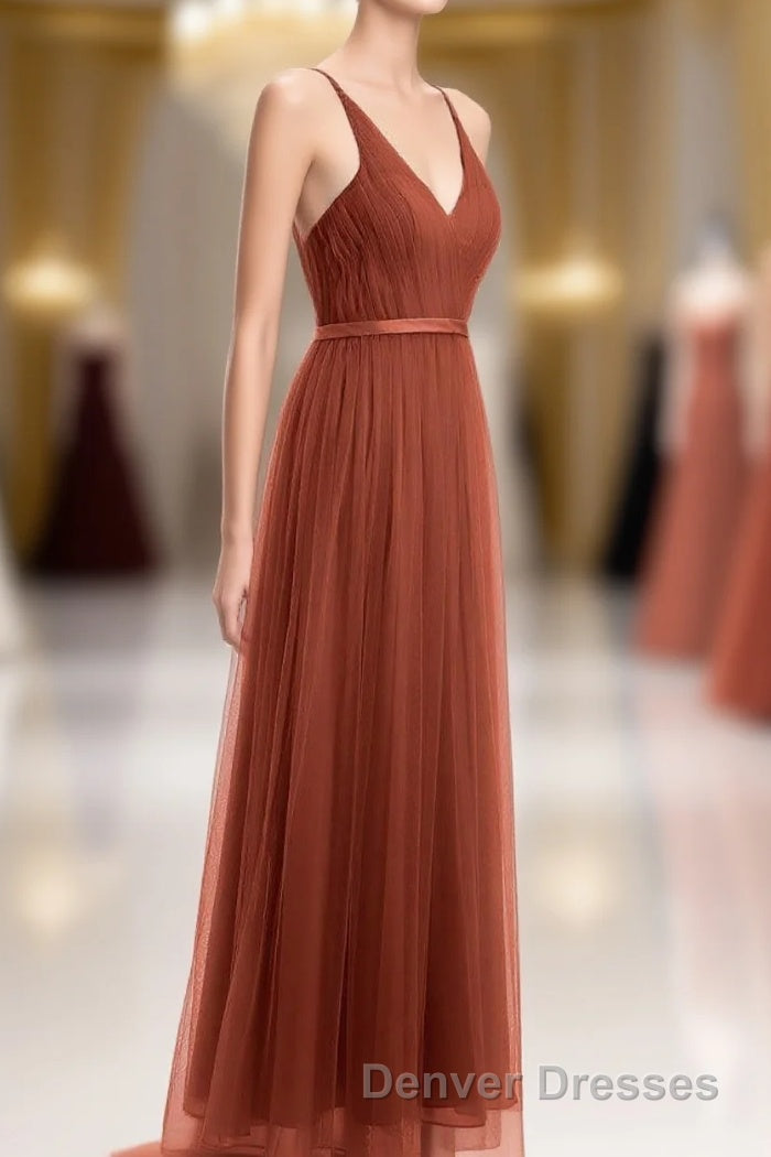 Rust Orange V-Neck Backless A-Line Long Bridesmaid Dress Main image