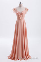 Peach Ruffles A-lline Chiffon Long Bridesmaid Dress with Tie Back