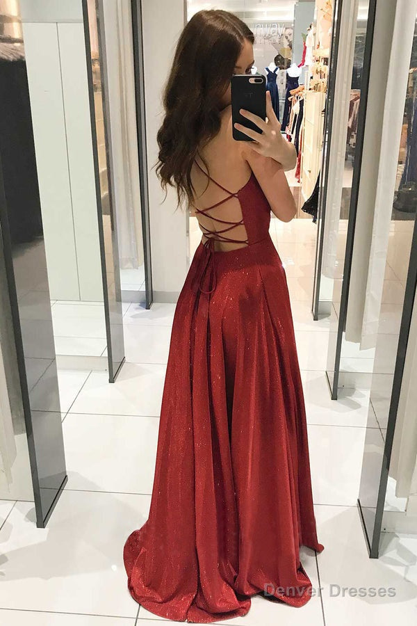 Red Spaghetti Straps V-neck Long Prom Dress, Shiny A Line Party Gown Secondary image