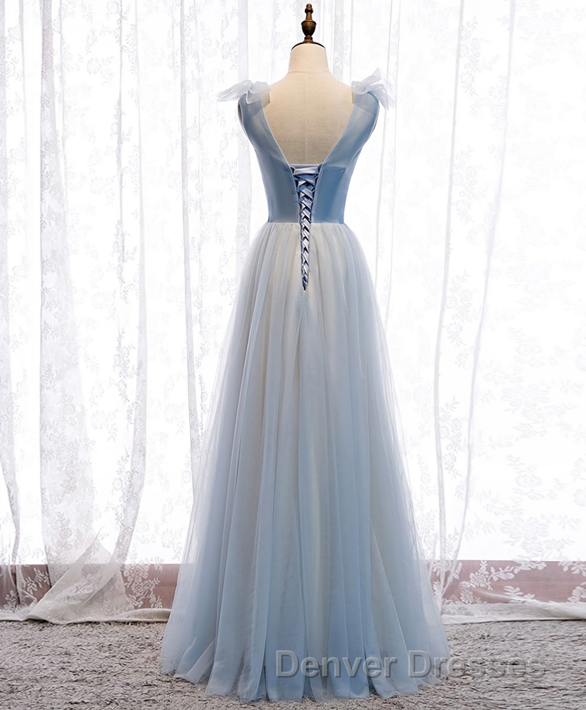Simple Blue V Neck Tulle Long Prom Dress, Blue Formal Dress Secondary image