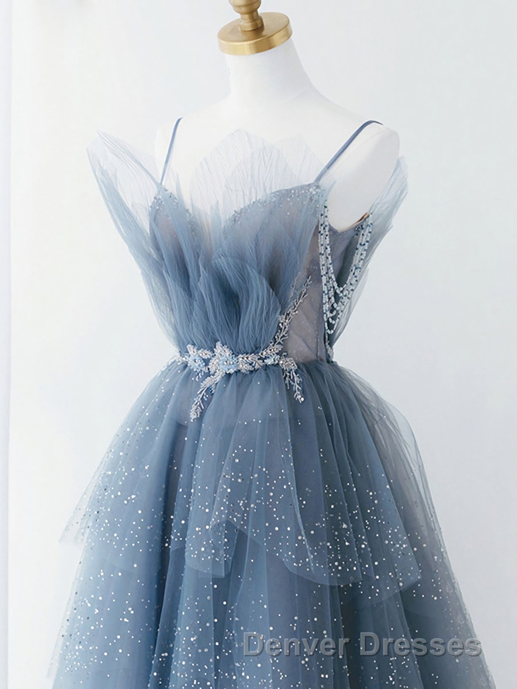 Gray Blue Tulle Beads Long Prom Dress, Blue Tulle Formal Dress Secondary image