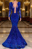 Hot Sparkle Royal Blue Sequin Long sleeves Mermaid Prom Dress
