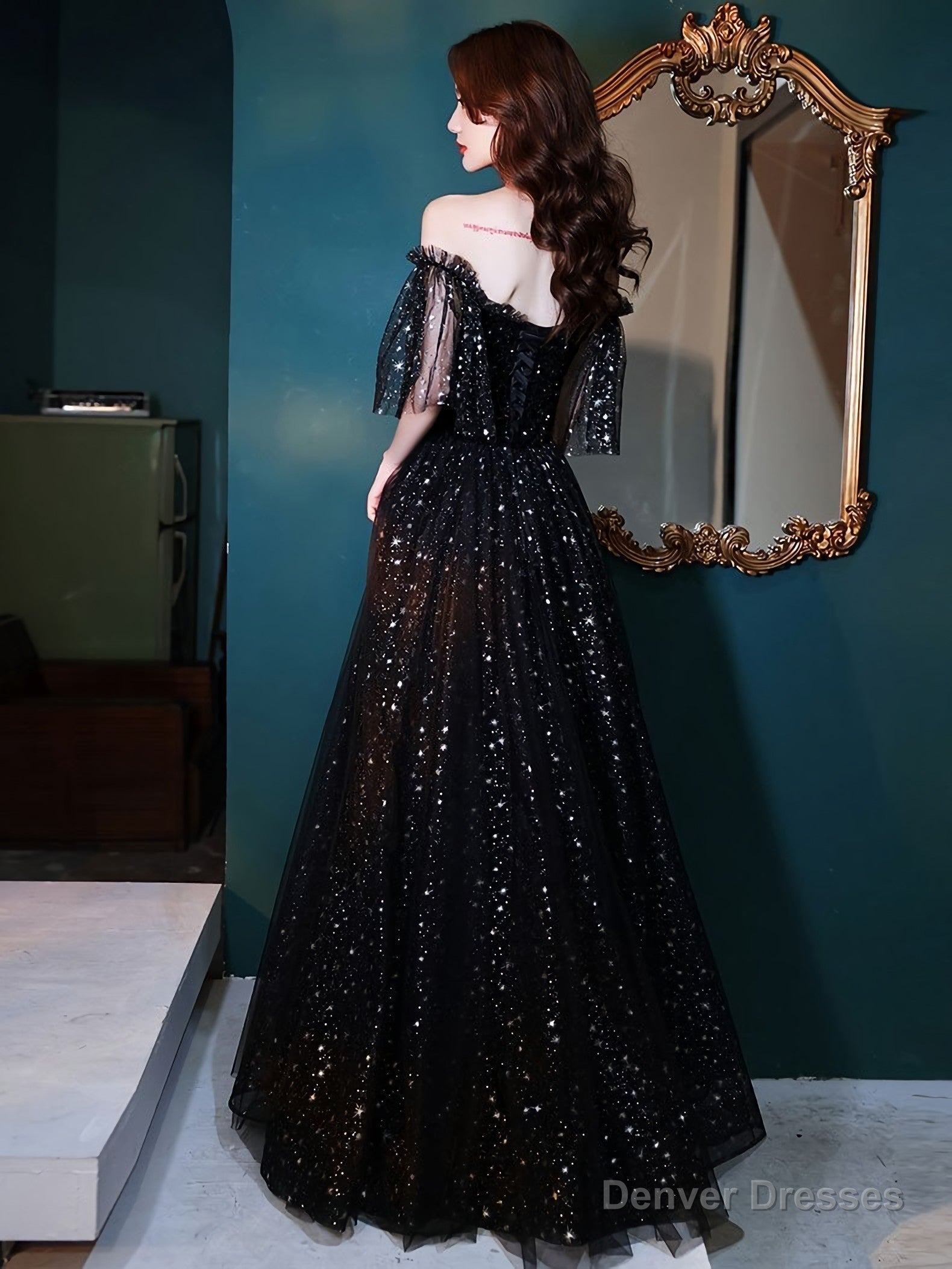 Black Tulle Off Shoulder Tulle Long Prom Dress, Black Evening Dress Secondary image