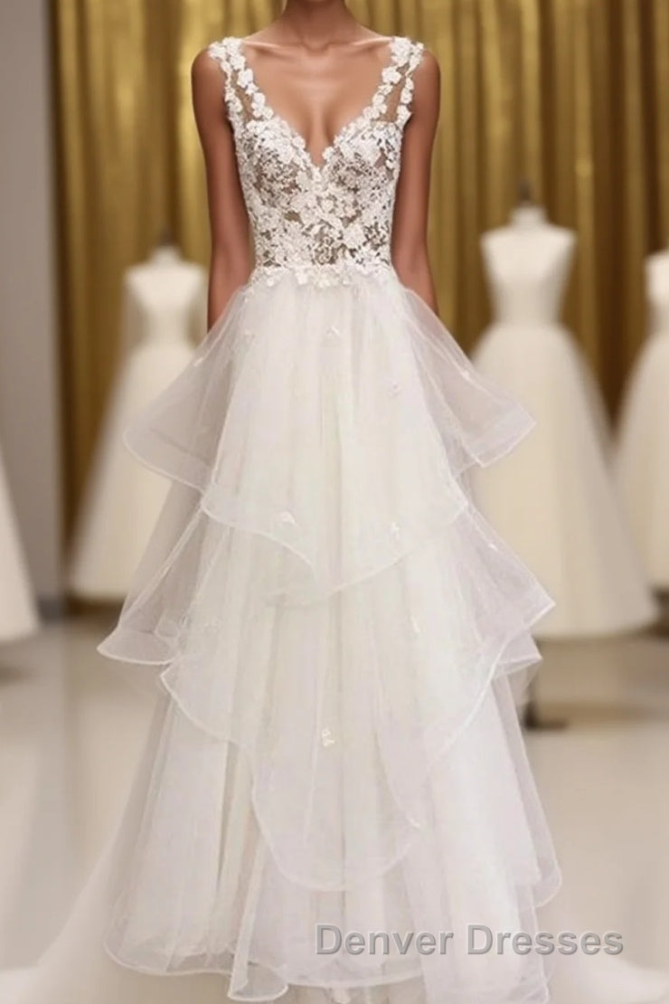 Charming Tulle Appliques V Neck Lace Wedding Dress with Ruffles