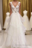 Charming Tulle Appliques V Neck Lace Wedding Dress with Ruffles