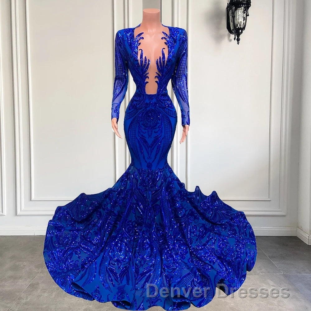 Hot Sparkle Royal Blue Sequin Long sleeves Mermaid Prom Dress Secondary image
