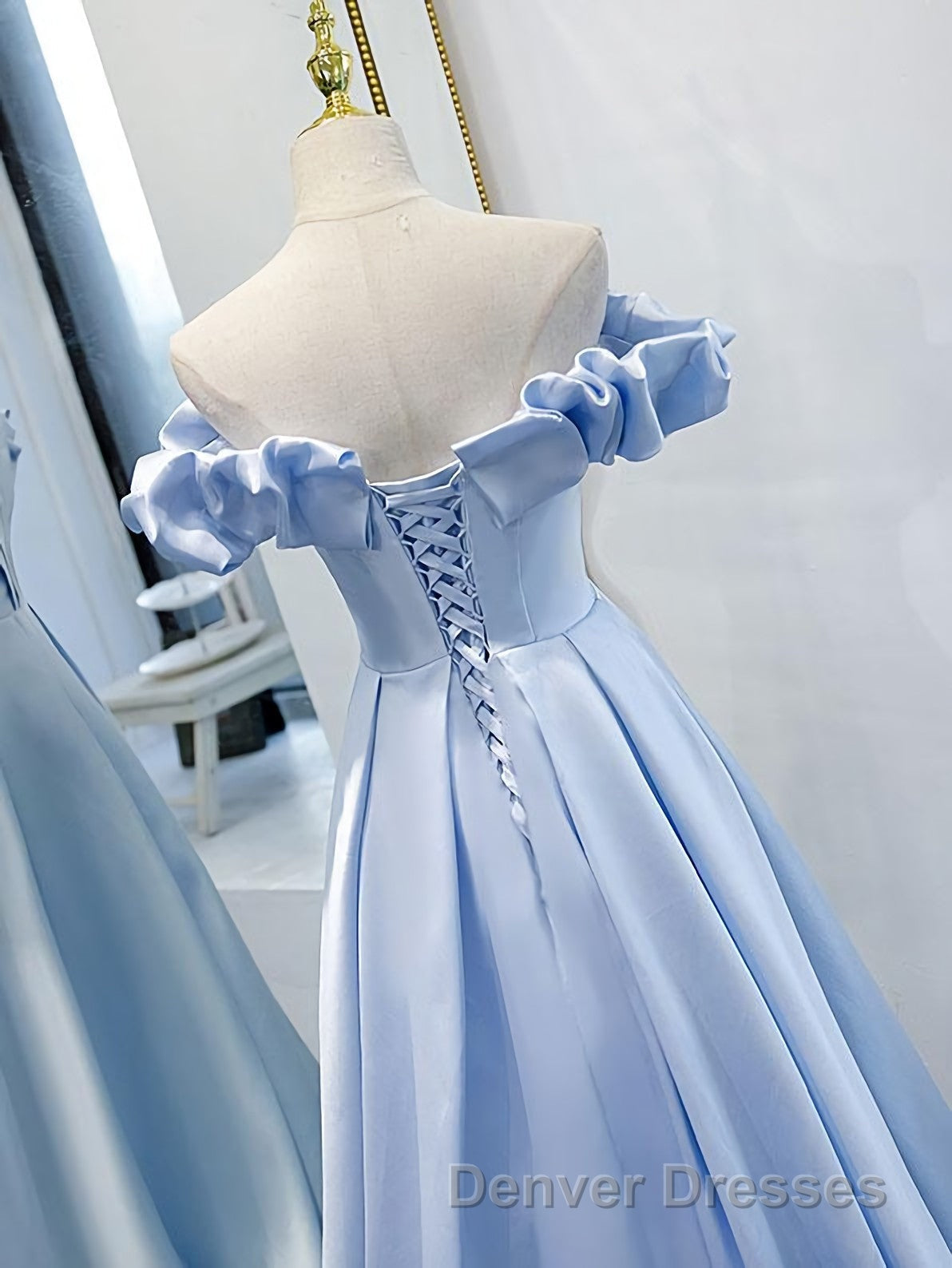 Blue A Line Off Shoulder Long Prom Dress, Blue Evening Dress