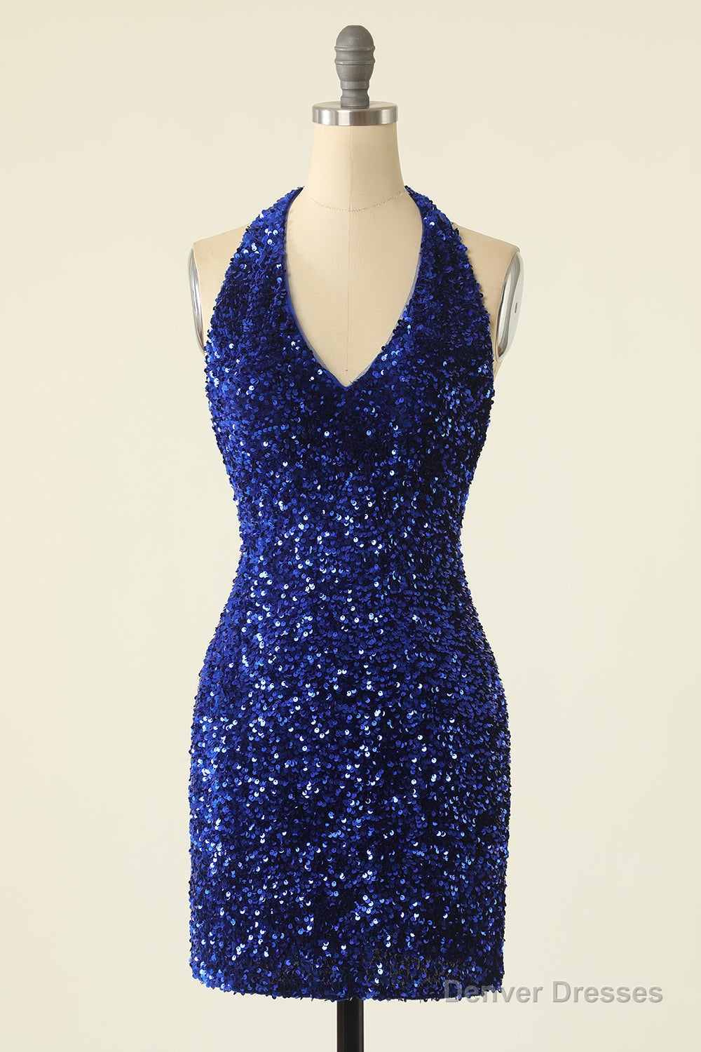 Royal Blue Sequin Halter Open Back Short Homecoming Dress