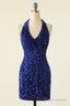 Royal Blue Sequin Halter Open Back Short Homecoming Dress