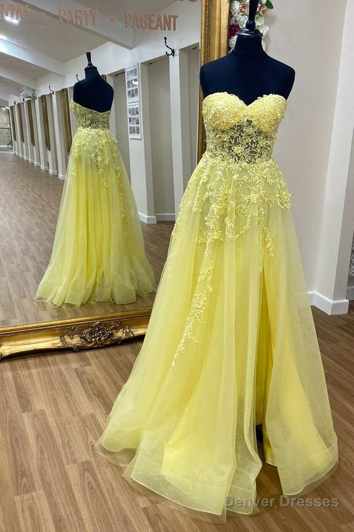 Yellow Floral Lace Strapless A-Line Prom Dress Main image