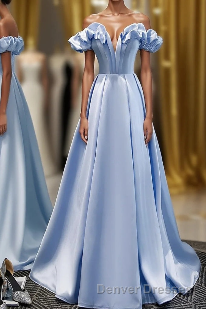 Blue A Line Off Shoulder Long Prom Dress, Blue Evening Dress Main image
