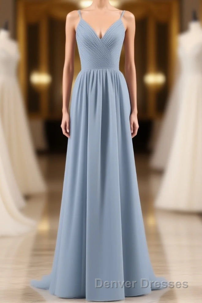 Dusty Blue Chiffon Cutout Back A-Line Long Bridesmaid Dress Main image
