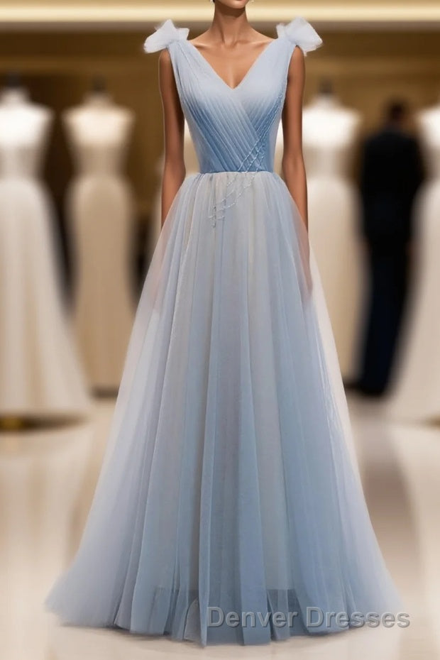 Simple Blue V Neck Tulle Long Prom Dress, Blue Formal Dress Main image