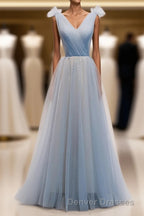 Simple Blue V Neck Tulle Long Prom Dress, Blue Formal Dress