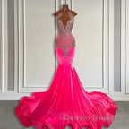 Sleeveless Velvet Mermaid Style Dress with Beadings in Pink Barbie Color