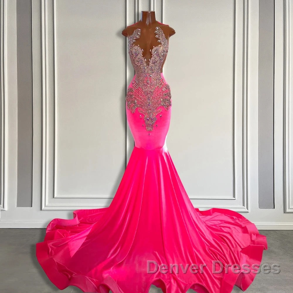 Sleeveless Velvet Mermaid Style Dress with Beadings in Pink Barbie Color