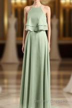 Sage Green Chiffon Halter Ruffle A-Line Long Bridesmaid Dress