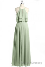 Sage Green Chiffon Halter Ruffle A-Line Long Bridesmaid Dress