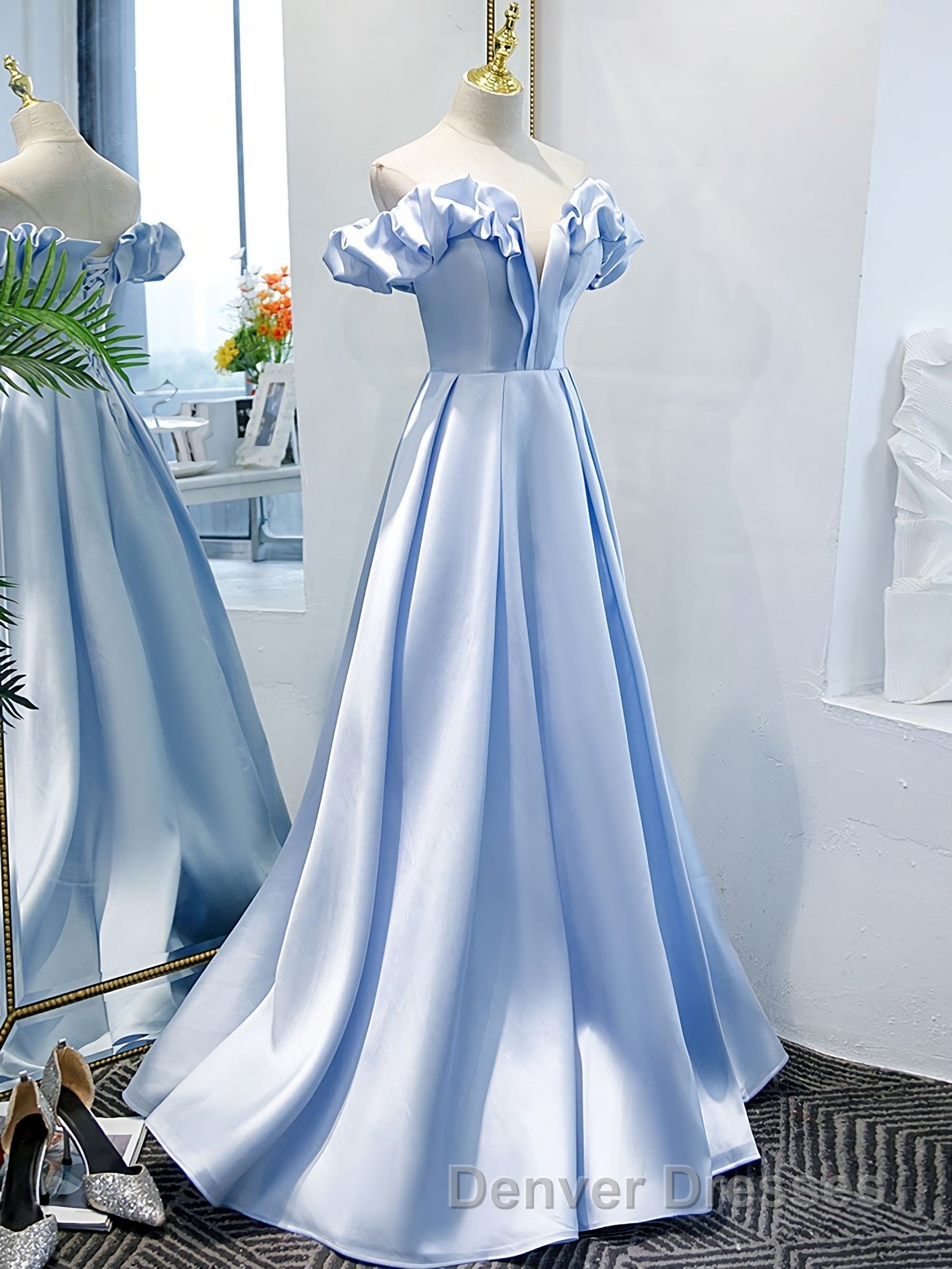 Blue A Line Off Shoulder Long Prom Dress, Blue Evening Dress Secondary image