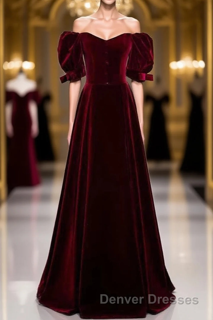 Modest Burgundy Long Prom Dress with Short Sleeves Vintage Evening Gown Main image