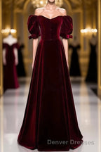 Modest Burgundy Long Prom Dress with Short Sleeves Vintage Evening Gown