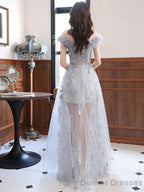 Gray Sweetheart Neck Tulle Long Prom Dress Gray Evening Dress