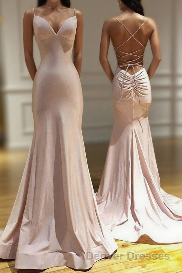 Spaghetti Straps Pink Mermaid Evening Party Dress Long Prom Dress