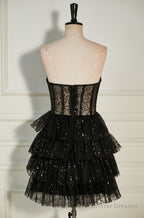 Black Strapless Beaded Multi-Layers Homecoming Dress