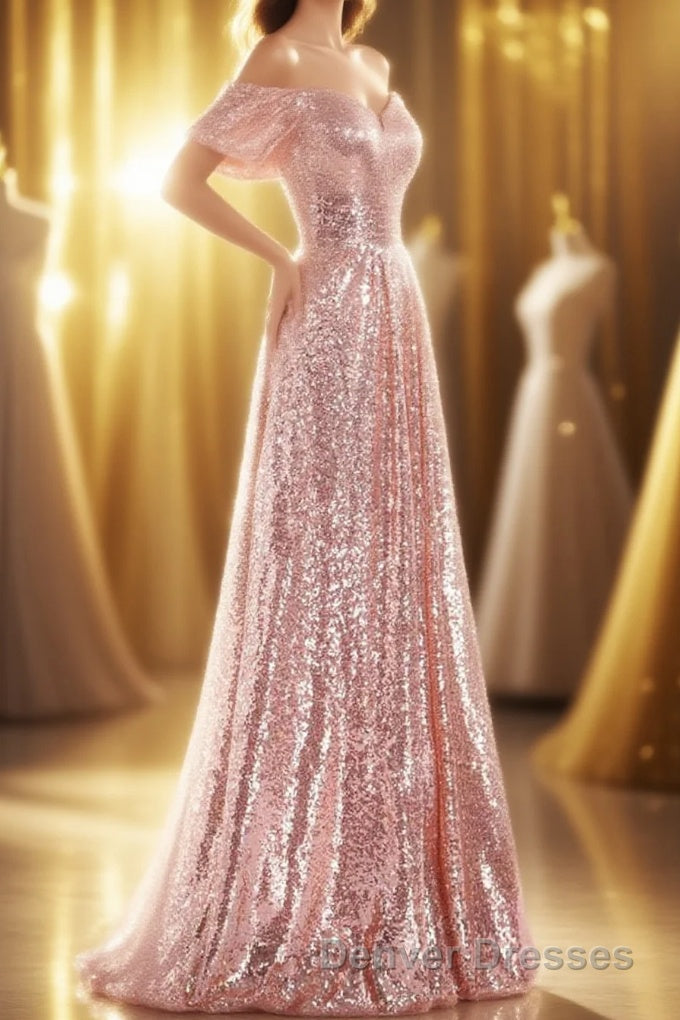 Rose Gold Sequin Off-the-Shoulder A-Line Long Bridesmaid Dress Main image