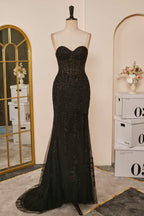 Black Strapless Appliques Mermaid Long Prom Dress with Slit