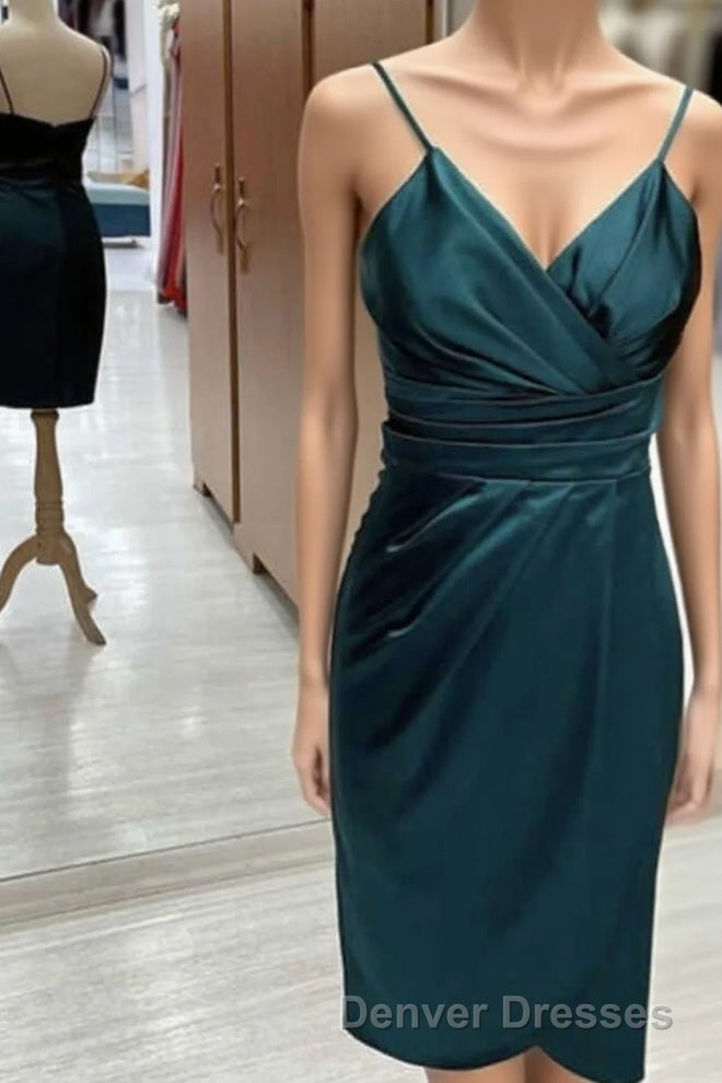 Hunter Green Satin Spaghetti Straps Short Bridesmaid Dress Main image