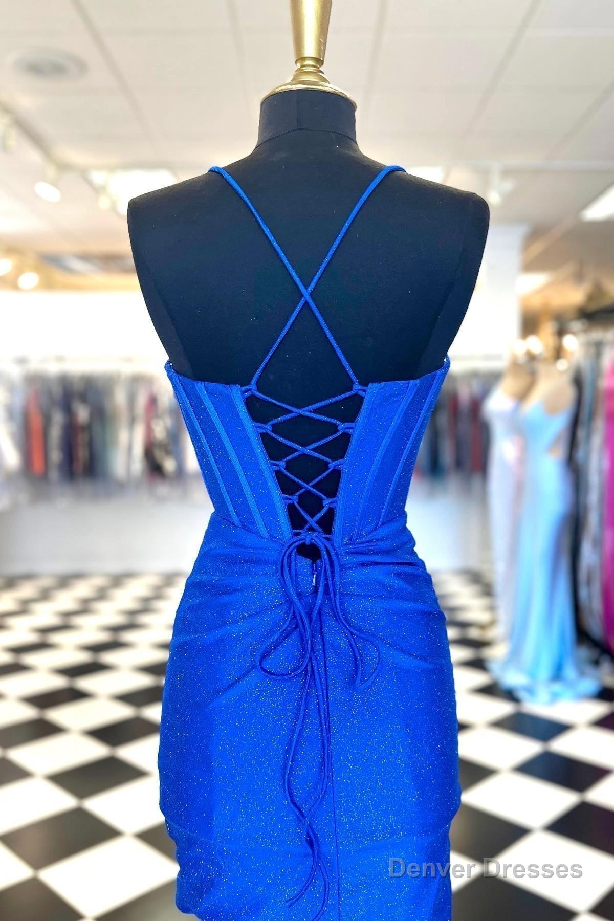 Sparkly Royal Blue Beaded Pleated Sheath Lace-Up Homecoming Dress Secondary image