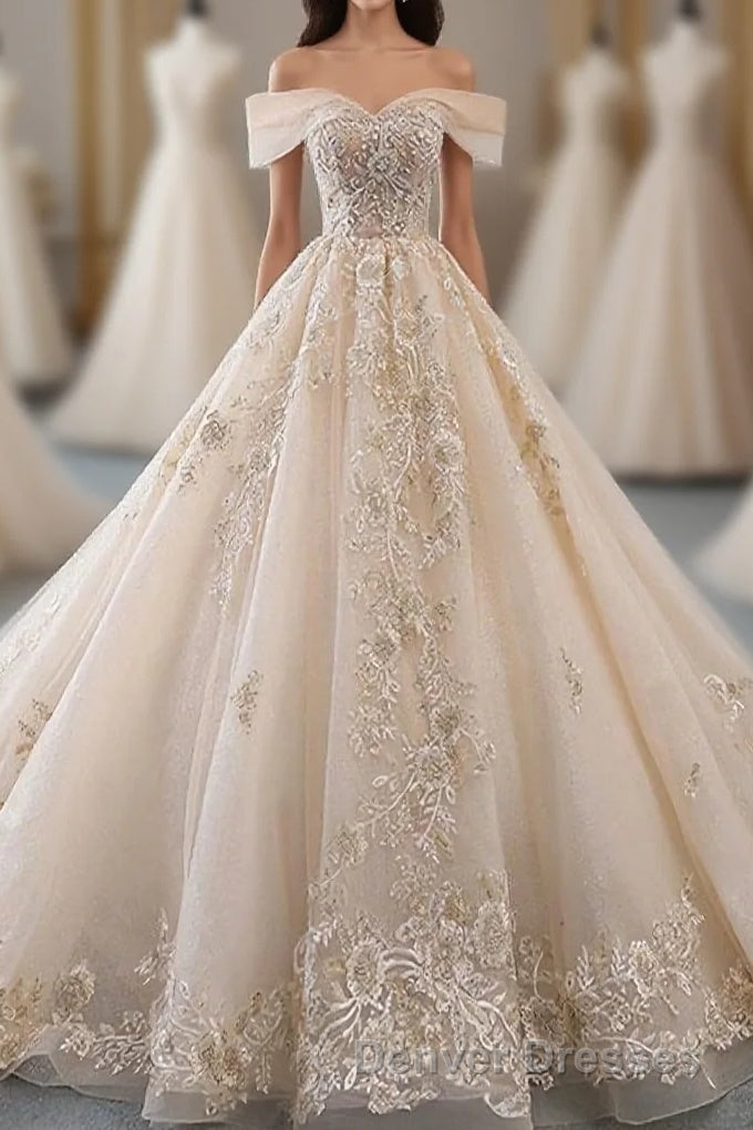 Champagne Off Shoulder Tulle Lace Long Wedding Dress, Wedding Gown