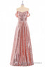 Rose Gold Sequin Off-the-Shoulder A-Line Long Bridesmaid Dress