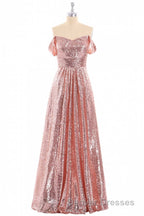 Rose Gold Sequin Off-the-Shoulder A-Line Long Bridesmaid Dress