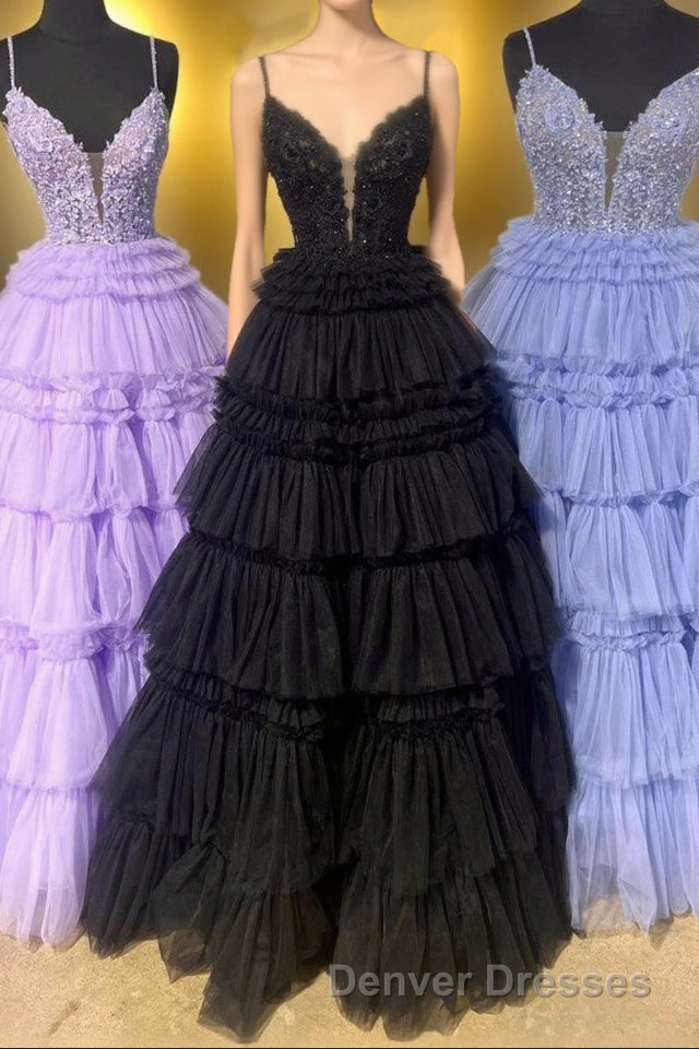 Lilac Floral Layers Spaghetti Straps Lonh Prom Dress Main image