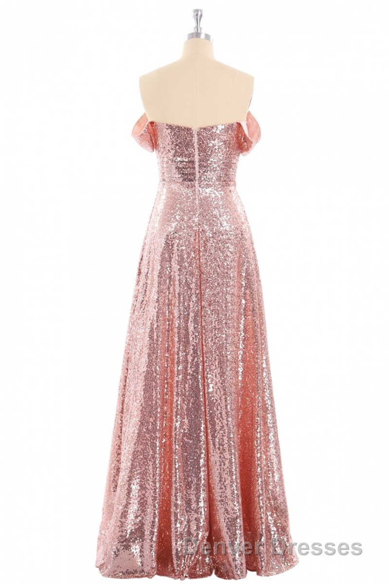 Rose Gold Sequin Off-the-Shoulder A-Line Long Bridesmaid Dress Secondary image