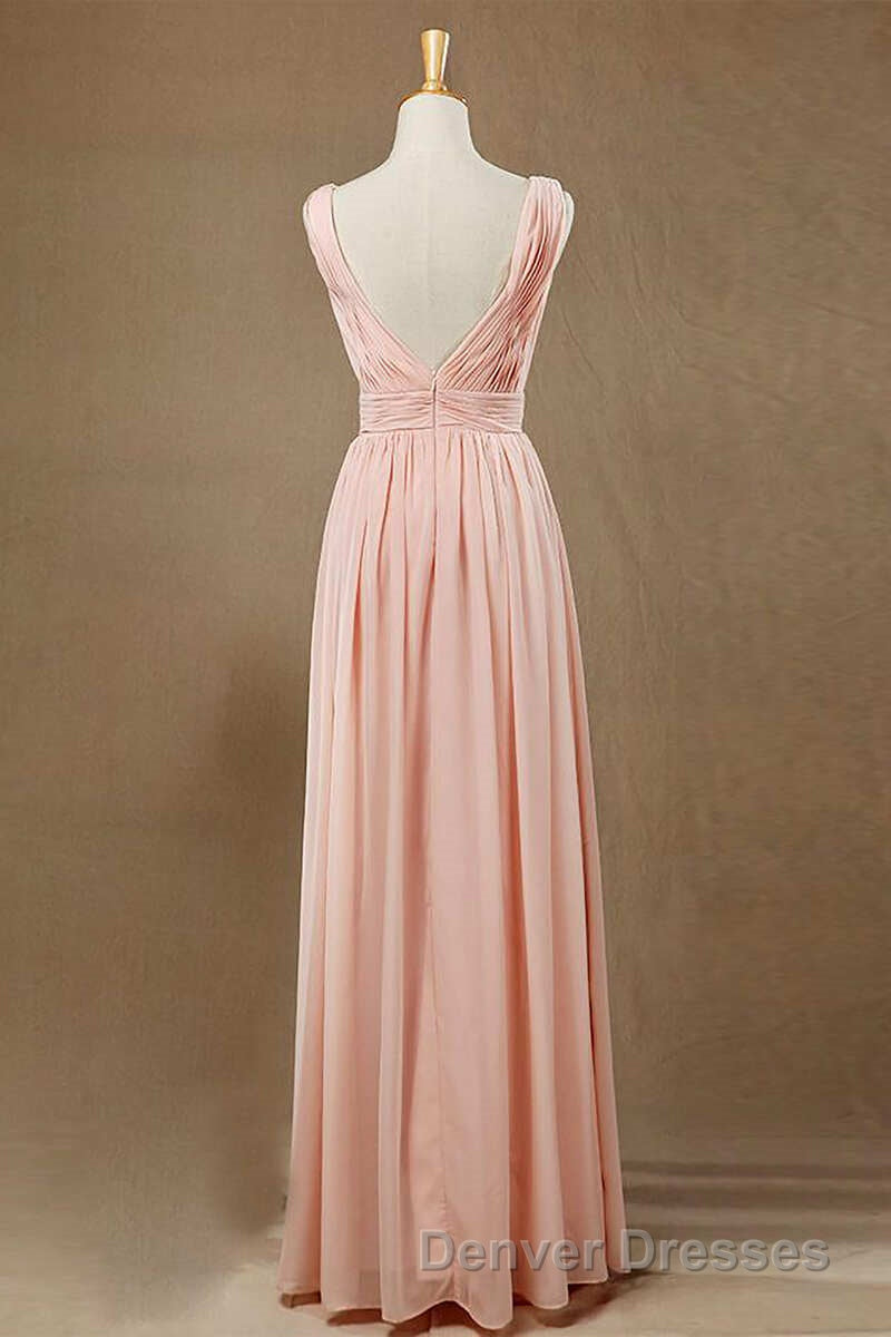 Elegant Plush Pink V-Neck Open Back A-Line Long Bridesmaid Dress Main image
