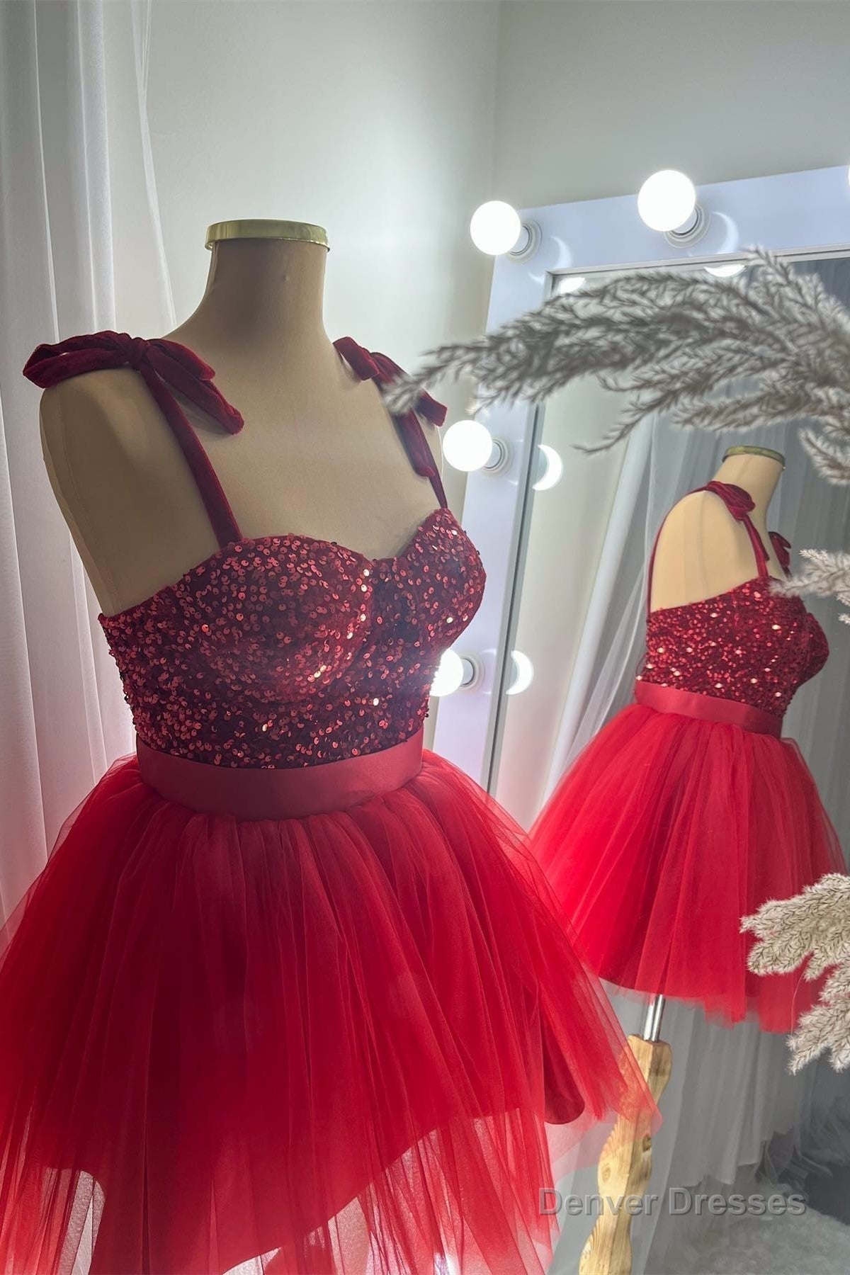 Red Two-Piece Sequins Top Bow Tie Straps A-line Homecoming Dress Main image