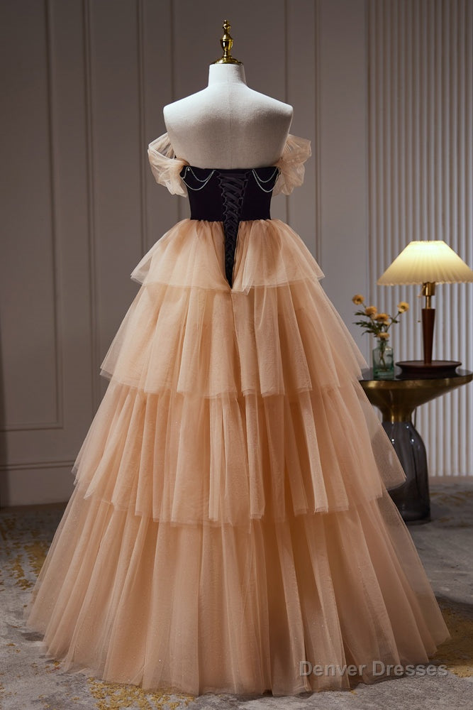 Champagne Off The Shoulder Evening Gown A Line Tulle Long Prom Dresses Main image