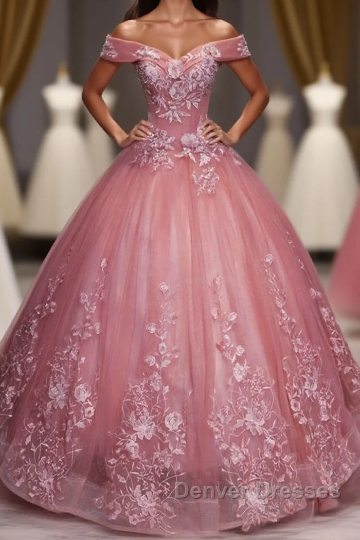 Pink Tulle Lace Off Shoulder Long Prom Dress, Pink Tulle Evening Dress, 1 Main image
