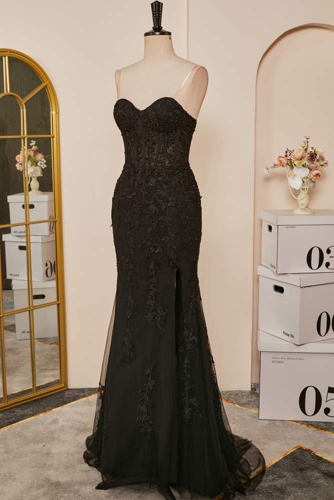 Black Strapless Appliques Mermaid Long Prom Dress with Slit Secondary image