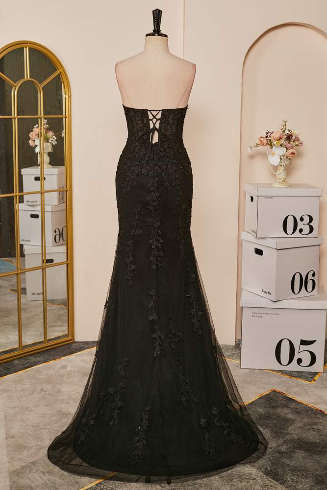 Black Strapless Appliques Mermaid Long Prom Dress with Slit Main image