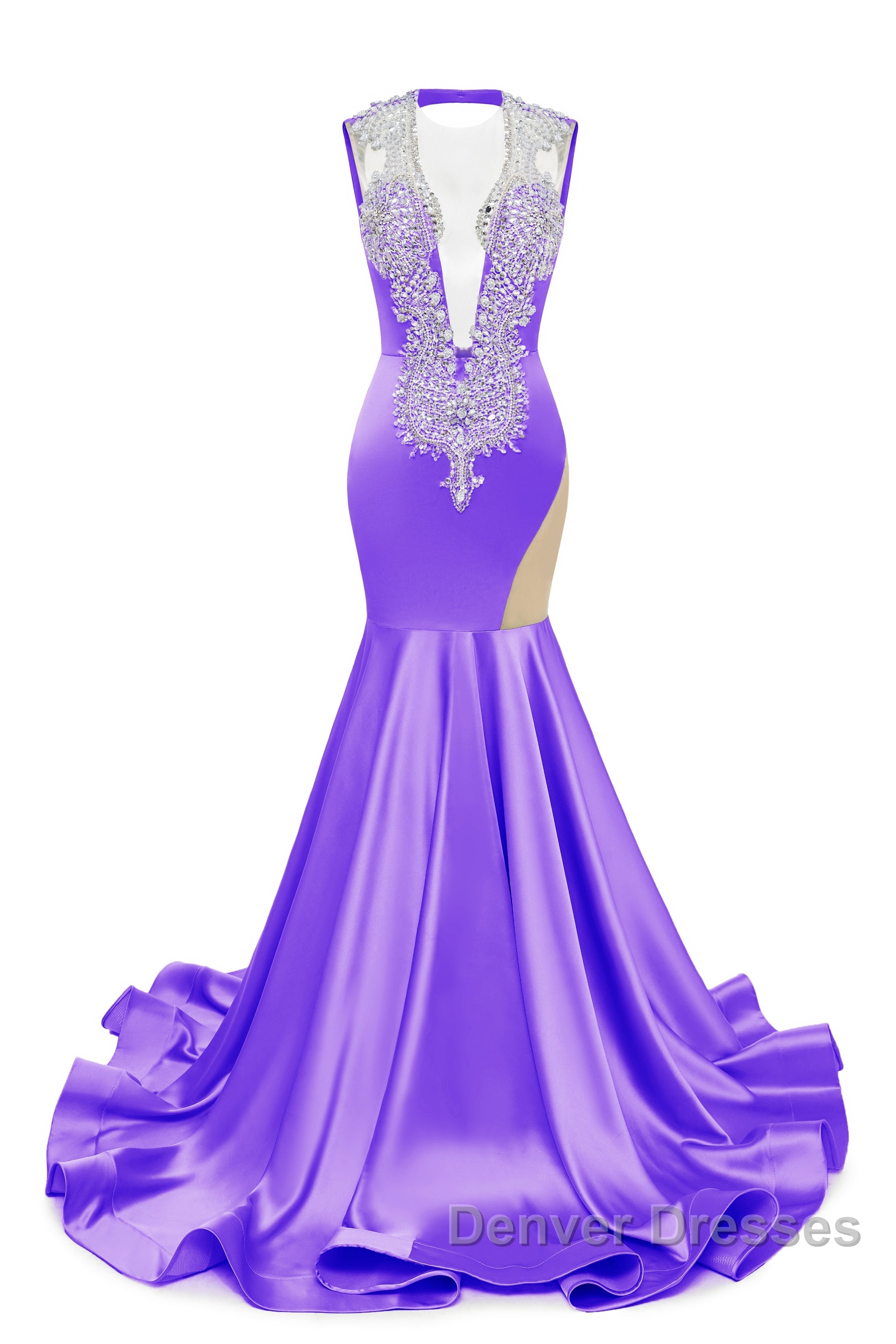 V-Neck Mermaid Brush Train Hollow Sleeveless Beading Evening Dress