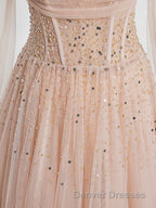 Champagne Pink Tulle Beads Long Prom Dress, Champagne Evening Dress