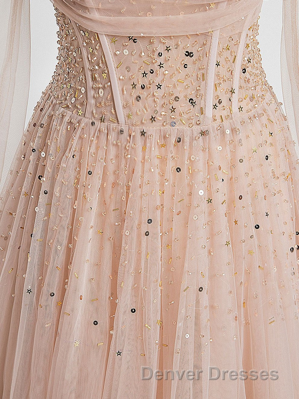 Champagne Pink Tulle Beads Long Prom Dress, Champagne Evening Dress